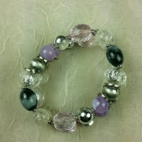 Double Strand Stretch Bracelet Pastel Pink Purple Silver Glass Beads Chunky Glam - Picture 2 of 4